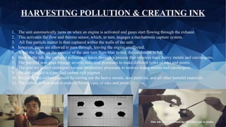 HARVESTING POLLUTION & CREATING INK
1. The unit automatically turns on when an engine is activated and gases start flowing through the exhaust.
2. This activates the flow and thermo sensor, which, in turn, engages a mechatronic capture system.
3. All fine particle matter is then captured within the walls of the unit.
4. however, gases are allowed to pass through, leaving the engine unaffected.
5. When the lights on the exterior of the unit turn from blue to red, the catchment is full.
6. Back in the lab, the captured pollution is taken through a process that removes trace heavy metals and carcinogens.
7. The purified soot goes through several industrial processes to make different types of inks and paints.
8. The soot we collect undergoes various proprietary processes to remove heavy metals and carcinogens.
9. the end product is a purified carbon rich pigmen .
10. We purify the carbon pigment by cutting out the heavy metals, dust particles, and all other harmful materials.
11. The carbon is then used to make different types of inks and paints.
 