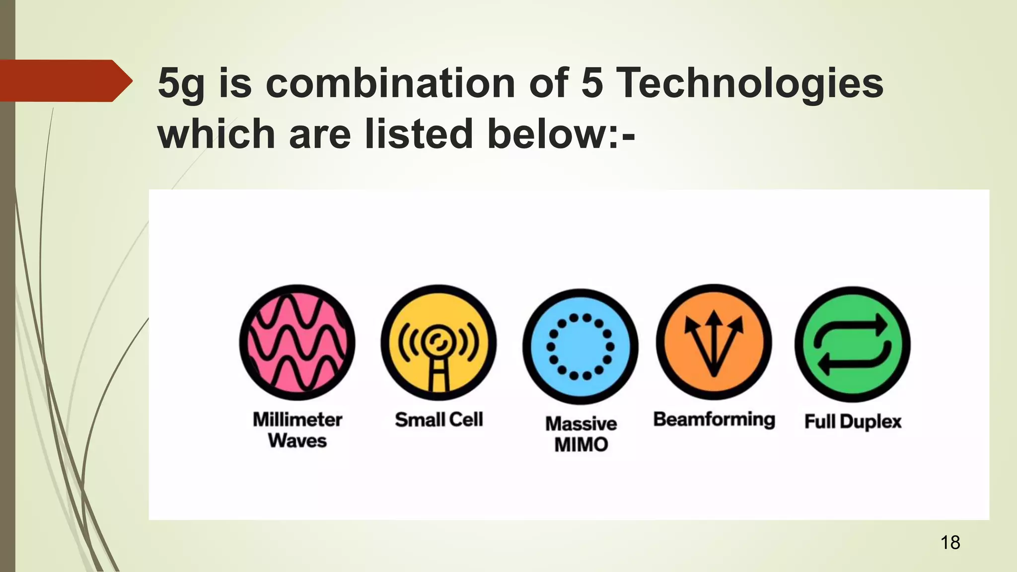 5g is combination of 5 Technologies
which are listed below:-
18
 