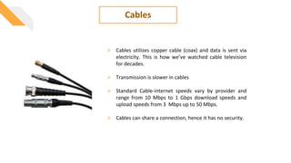Cables
 Cables utilizes copper cable (coax) and data is sent via
electricity. This is how we’ve watched cable television
for decades.
 Transmission is slower in cables
 Standard Cable-internet speeds vary by provider and
range from 10 Mbps to 1 Gbps download speeds and
upload speeds from 3 Mbps up to 50 Mbps.
 Cables can share a connection, hence it has no security.
 