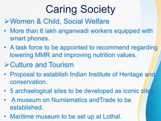 Caring Society
Women & Child, Social Welfare
• More than 6 lakh anganwadi workers equipped with
smart phones.
• A task force to be appointed to recommend regarding
lowering MMR and improving nutrition values.
Culture and Tourism
• Proposal to establish Indian Institute of Heritage and
conservation.
• 5 archaelogical sites to be developed as iconic sites.
• A museum on Numismatics andTrade to be
established.
• Maritime museum to be set up at Lothal.
 