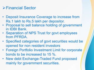Financial Sector
• Deposit Insurance Coverage to increase from
Rs.1 lakh to Rs.5 lakh per depositor.
• Proposal to sell balance holding of government
in IDBI Bank.
• Separation of NPS Trust for govt employees
from PFRDA.
• Specified categories of govt securities would be
opened for non resident investors
• Foreign Portfolio Investment Limit for corporate
bonds to be increased to 15 %.
• New debt Exchange-Traded Fund proposed
mainly for government securities.
 