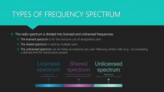 TYPES OF FREQUENCY SPECTRUM
 The radio spectrum is divided into licensed and unlicensed frequencies.
 The licensed spectrum is for the exclusive use of designated users.
 The shared spectrum is used by multiple users.
 The unlicensed spectrum can be freely accessed by any user, following certain rules (e.g., not exceeding
a defined limit for transmission power).
 