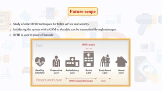Future scope
o Study of other RFID techniques for better service and security.
o Interfacing the system with a GSM so that data can be transmitted through messages.
o RFID is used in place of barcode
 