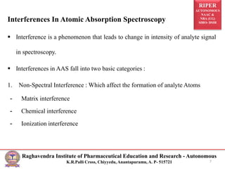 RIPER
AUTONOMOUS
NAAC &
NBA (UG)
SIRO- DSIR
Raghavendra Institute of Pharmaceutical Education and Research - Autonomous
K.R.Palli Cross, Chiyyedu, Anantapuramu, A. P- 515721
Interferences In Atomic Absorption Spectroscopy
 Interference is a phenomenon that leads to change in intensity of analyte signal
in spectroscopy.
 Interferences in AAS fall into two basic categories :
1. Non-Spectral Interference : Which affect the formation of analyte Atoms
- Matrix interference
- Chemical interference
- Ionization interference
7
 