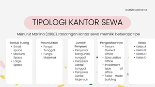 Bentuk Ruang
• Small
space
• Medium
Space
• Large
Space
TIPOLOGI KANTOR SEWA
Menurut Marlina (2008), rancangan kantor sewa memiliki beberapa tipe
SEMINAR ARSITEKTUR
Peruntukkan
• Fungsi
Tunggal
• Fungsi
Majemuk
Jumlah
Penyewa
• Penyewa
bangunan
tunggal
• Penyewa
Lantai
tunggal
• Penyewa
Lantai
Majemuk
Pengelolaannya
• Tenant
Owned
Office
• Speculative
Office
• Investment
type of
office
• Tailor Made
building
Kelas
• Kelas A
• Kelas B
• Kelas C
• Kelas D
 