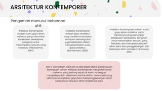 Arsitektur Kontemporer
adalah suatu gaya aliran
arsitektur yang mencirikan
kebebasan berekspresi,
keinginan untuk
menampilkan sesuatu yang
berbeda. (Hilberseimer,
1964).
Ini dapat
diambil sebagai
pilihan.
ARSITEKTUR KONTEMPORER
Pengertian menurut beberapa
ahli
Arsitektur Kontemporer
adalah gaya arsitektur
yang mendemonstrasikan
kemajuan teknologi dan
juga kebebasan dalam
mengekspresikan suatu
gaya arsitektur.
(Konnemann, 1988).
Arsitektur Kontemporer adalah suatu
gaya aliran arsitektur pada
zamannya yang mencirikan
kebebasan berekspresi, keinginan
untuk menampilkan sesuatu yang
berbeda, dan merupakan sebuah
aliran baru atau penggabungan dari
beberapa aliran arsitektur (Gunawan,
2011).
Dari 4 pernyataan para ahli di atas dapat ditarik pada sebuah
kesimpulan bahwa Arsitektur kontemporer merupakan aliran
arsitektur yang sedang terjadi di waktu ini dengan
mengedepankan kebebasan bentuk dalam berekspresi yang
akhirnya menciptakan gaya baru hasil penggabungan aliran
sebelumnya ataupun aliran arsitektural baru.
 