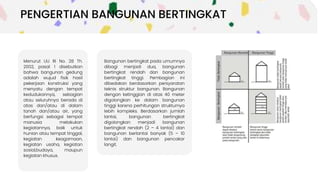 Menurut UU RI No. 28 Th.
2002, pasal 1 disebutkan
bahwa bangunan gedung
adalah wujud fisik hasil
pekerjaan konstruksi yang
menyatu dengan tempat
kedudukannya, sebagian
atau seluruhnya berada di
atas dan/atau di dalam
tanah dan/atau air, yang
berfungsi sebagai tempat
manusia melakukan
kegiatannya, baik untuk
hunian atau tempat tinggal,
kegiatan keagamaan,
kegiatan usaha, kegiatan
sosial,budaya, maupun
kegiatan khusus.
Ini dapat
diambil sebagai
pilihan.
Bangunan bertingkat pada umumnya
dibagi menjadi dua, bangunan
bertingkat rendah dan bangunan
bertingkat tinggi. Pembagian ini
dibedakan berdasarkan persyaratan
teknis struktur bangunan. Bangunan
dengan ketinggian di atas 40 meter
digolongkan ke dalam bangunan
tinggi karena perhitungan strukturnya
lebih kompleks. Berdasarkan jumlah
lantai, bangunan bertingkat
digolongkan menjadi bangunan
bertingkat rendah (2 – 4 lantai) dan
bangunan berlantai banyak (5 – 10
lantai) dan bangunan pencakar
langit.
PENGERTIAN BANGUNAN BERTINGKAT
 