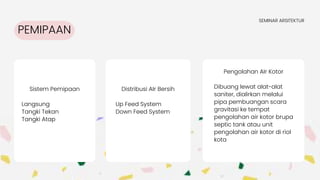 PEMIPAAN
SEMINAR ARSITEKTUR
Sistem Pemipaan
Langsung
Tangki Tekan
Tangki Atap
Distribusi AIr Bersih
Up Feed System
Down Feed System
Pengolahan AIr Kotor
Dibuang lewat alat-alat
saniter, dialirkan melalui
pipa pembuangan scara
gravitasi ke tempat
pengolahan air kotor brupa
septic tank atau unit
pengolahan air kotor di riol
kota
 