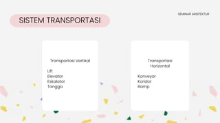 SISTEM TRANSPORTASI
SEMINAR ARSITEKTUR
Transportasi Vertikal
Lift
Elevator
Eskalator
Tangga
Transportasi
Horizontal
Konveyor
Koridor
Ramp
 