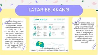 LATAR BELAKANG
Hasil riset yang dimuat
dalam dailysocial.id
memprediksi bahwa
perkembangan start-up
dari segi jumlah di
Indonesia akan mengalami
peningkatan sebesar 6,5
kali. Dengan demikian,
diprediksi bahwa jumlah
start-up berbasis digital
yang akan muncul pada
tahun 2020 di Indonesia
adalah sebanyak 13.000
start-up (Ries, 2011).
Data Kemenparekraf 2018
Mapping Pertumbuhan Start up di kota Bandung
dari laman katadata.co.id
dalam jurnalisme datanya
yang berjudul Startup di
Indonesia Banyak Didirikan
Anak Muda Usía 25-38
Tahun ini mengungkap
bahwa pada tahun 2018
terdapat 992 start-up di
Indonesia pendirinya
berusia di rentang usía 25-
38 tahun
 