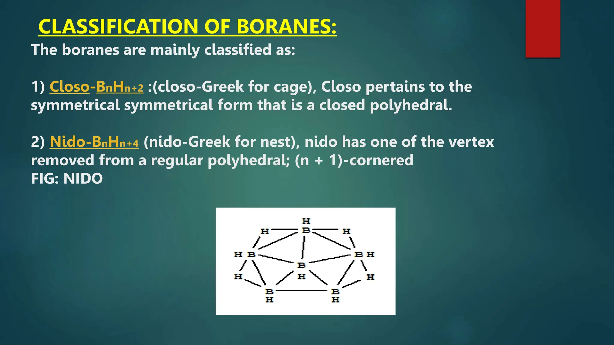 CLASSIFICATION OF BORANES:
The boranes are mainly classified as:
1) Closo-BnHn+2 :(closo-Greek for cage), Closo pertains to the
symmetrical symmetrical form that is a closed polyhedral.
2) Nido-BnHn+4 (nido-Greek for nest), nido has one of the vertex
removed from a regular polyhedral; (n + 1)-cornered
FIG: NIDO
 