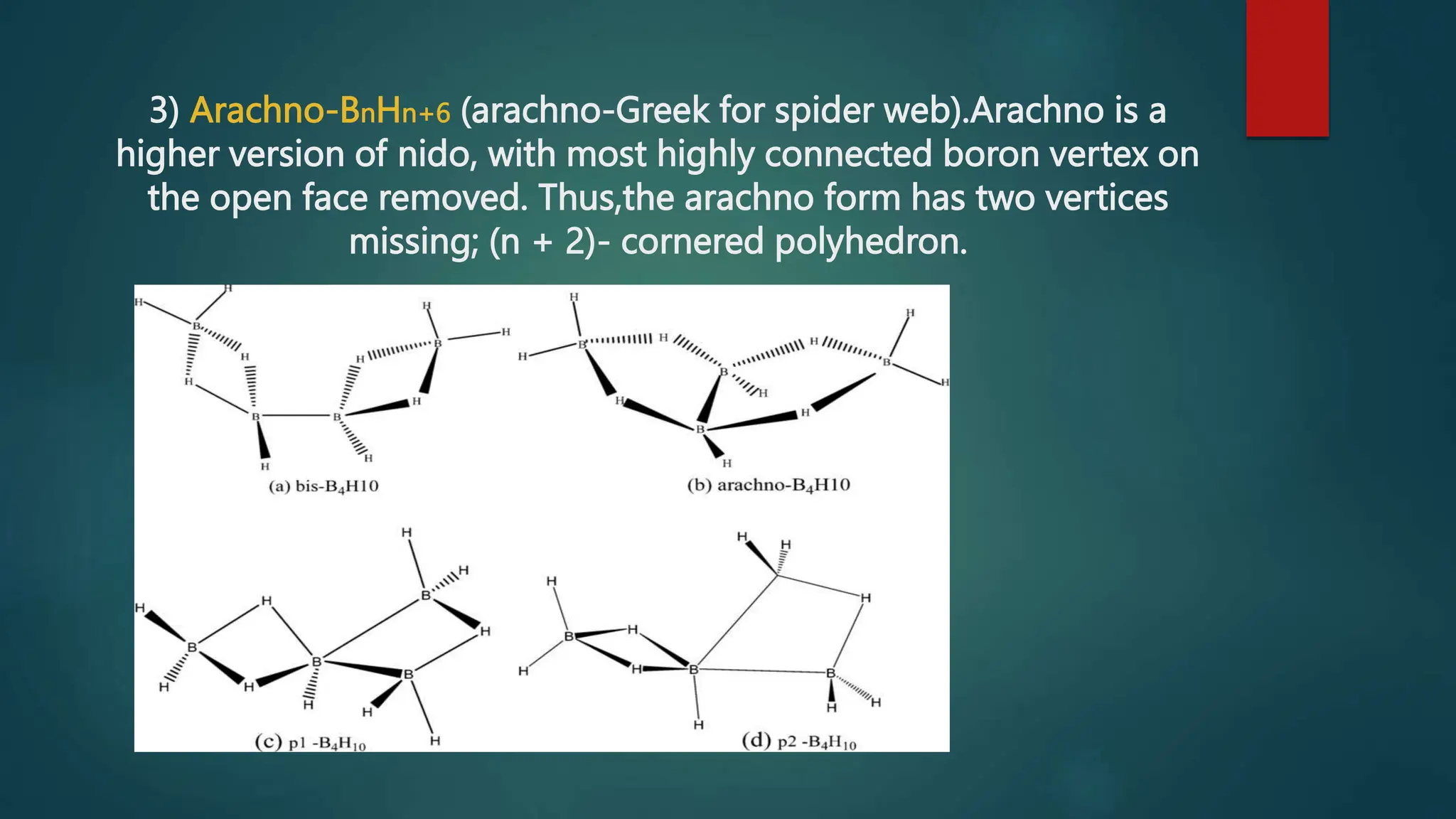 3) Arachno-BnHn+6 (arachno-Greek for spider web).Arachno is a
higher version of nido, with most highly connected boron vertex on
the open face removed. Thus,the arachno form has two vertices
missing; (n + 2)- cornered polyhedron.
 