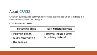About CRACKS
Cracks in buildings are common occurrence. It develops when the stress in a
component exceeds the strength.
Classification of Cracks
Structural crack Non Structural crack
o Incorrect design
o Faulty construction
o Overloading
o Internal induced stress
in building material
 