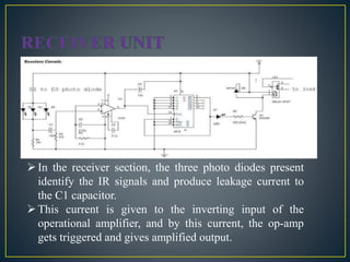 In the receiver section, the three photo diodes present
identify the IR signals and produce leakage current to
the C1 capacitor.
This current is given to the inverting input of the
operational amplifier, and by this current, the op-amp
gets triggered and gives amplified output.
 