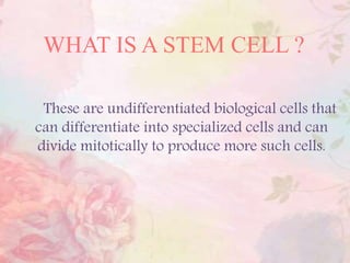 These are undifferentiated biological cells that
can differentiate into specialized cells and can
divide mitotically to produce more such cells.
WHAT IS A STEM CELL ?
 