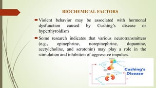 BIOCHEMICAL FACTORS
Violent behavior may be associated with hormonal
dysfunction caused by Cushing’s disease or
hyperthyroidism
Some research indicates that various neurotransmitters
(e.g., epinephrine, norepinephrine, dopamine,
acetylcholine, and serotonin) may play a role in the
stimulation and inhibition of aggressive impulses.
 