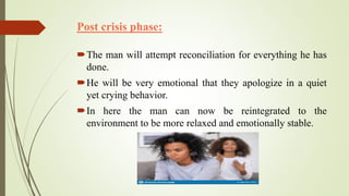 Post crisis phase:
The man will attempt reconciliation for everything he has
done.
He will be very emotional that they apologize in a quiet
yet crying behavior.
In here the man can now be reintegrated to the
environment to be more relaxed and emotionally stable.
 