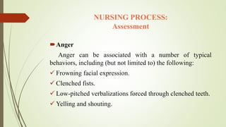 NURSING PROCESS:
Assessment
Anger
Anger can be associated with a number of typical
behaviors, including (but not limited to) the following:
 Frowning facial expression.
 Clenched fists.
 Low-pitched verbalizations forced through clenched teeth.
 Yelling and shouting.
 