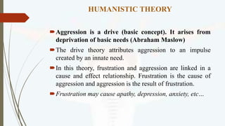 HUMANISTIC THEORY
Aggression is a drive (basic concept). It arises from
deprivation of basic needs (Abraham Maslow)
The ...