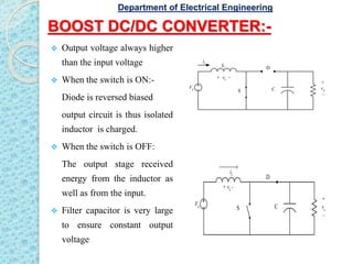 BOOST DC/DC CONVERTER:-
 Output voltage always higher
than the input voltage
 When the switch is ON:-
Diode is reversed biased
output circuit is thus isolated
inductor is charged.
 When the switch is OFF:
The output stage received
energy from the inductor as
well as from the input.
 Filter capacitor is very large
to ensure constant output
voltage
Vd
L D
CS
+ vL

iL
+
vo

Vd
D
CS
+ vL -
iL
+
vo
-
Department of Electrical Engineering
 