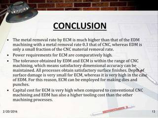 2/20/2016
CONCLUSION
• The metal removal rate by ECM is much higher than that of the EDM
machining with a metal removal rate 0.3 that of CNC, whereas EDM is
only a small fraction of the CNC material removal rate.
• Power requirements for ECM are comparatively high.
• The tolerance obtained by EDM and ECM is within the range of CNC
machining, which means satisfactory dimensional accuracy can be
maintained. All processes obtain satisfactory surface finishes. Depth of
surface damage is very small for ECM, whereas it is very high in the case
of EDM. For this reason, ECM can be employed for making dies and
punches.
• Capital cost for ECM is very high when compared to conventional CNC
machining and EDM has also a higher tooling cost than the other
machining processes.
13
 