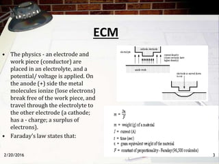2/20/2016
ECM
• The physics - an electrode and
work piece (conductor) are
placed in an electrolyte, and a
potential/ voltage is applied. On
the anode (+) side the metal
molecules ionize (lose electrons)
break free of the work piece, and
travel through the electrolyte to
the other electrode (a cathode;
has a - charge; a surplus of
electrons).
• Faraday’s law states that:
3
 