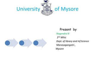 University of Mysore
Present by
Nagendra N
2nd Mlisc
Dept. of library and Inf.Science
Manasagangotri ,
Mysore
 