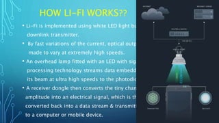 HOW LI-FI WORKS??
• Li-Fi is implemented using white LED light bulbs at
downlink transmitter.
• By fast variations of the current, optical output can be
made to vary at extremely high speeds.
• An overhead lamp fitted with an LED with signal
processing technology streams data embedded in
its beam at ultra high speeds to the photodiodes.
• A receiver dongle then converts the tiny changes in
amplitude into an electrical signal, which is then
converted back into a data stream & transmitted
to a computer or mobile device.
 