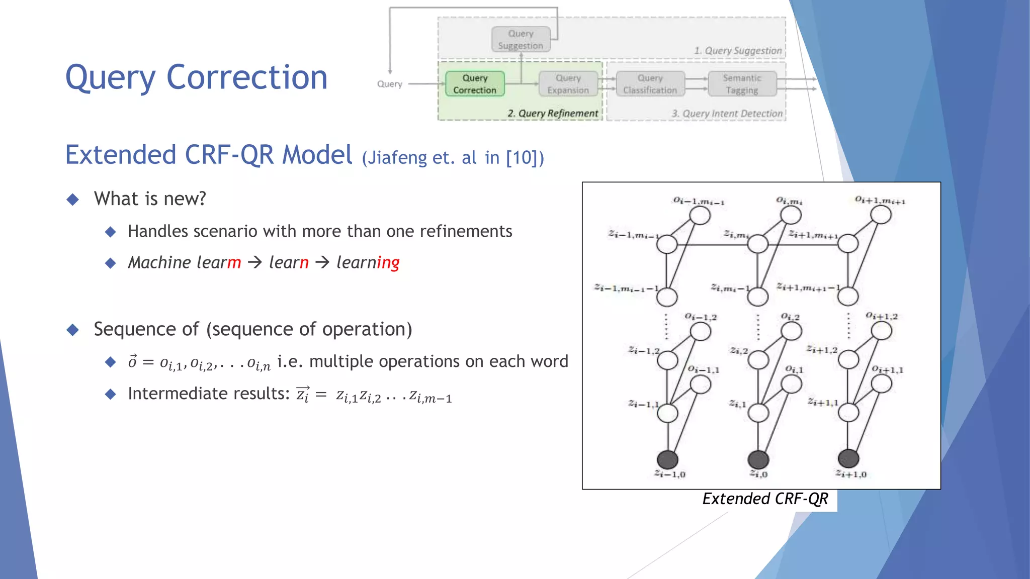  What is new? 
 Handles scenario with more than one refinements 
 Machine learm  learn  learning 
 Sequence of (sequence of operation) 
 표 = 표푖,1, 표푖,2, . . . 표푖,푛 i.e. multiple operations on each word 
 Intermediate results: 푧푖 = 푧푖,1푧푖,2 . . . 푧푖,푚−1 
Extended CRF-QR 
Query Correction 
Extended CRF-QR Model (Jiafeng et. al in [10]) 
 