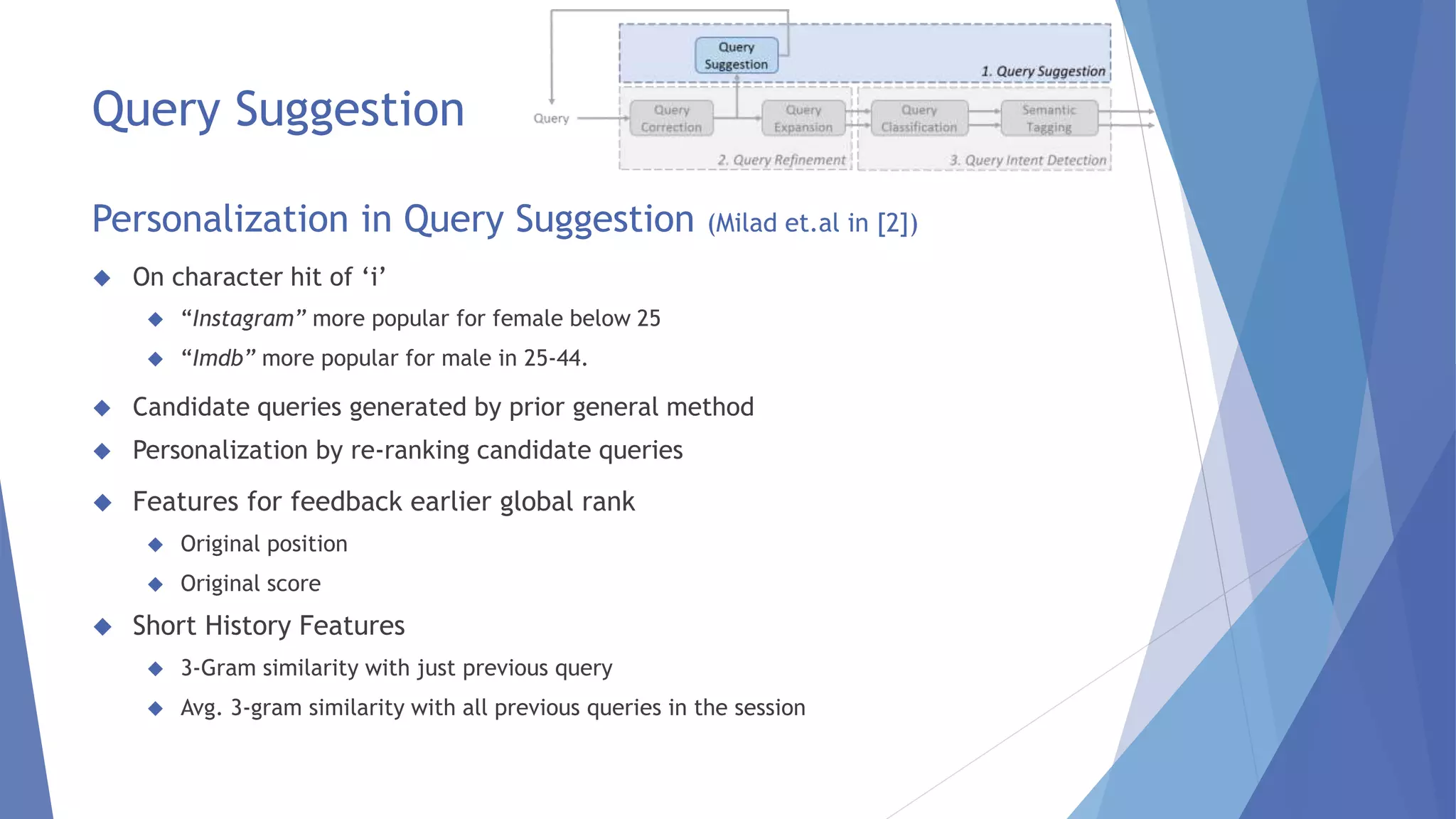 Query Suggestion 
Personalization in Query Suggestion (Milad et.al in [2]) 
 On character hit of ‘i’ 
 “Instagram” more popular for female below 25 
 “Imdb” more popular for male in 25-44. 
 Candidate queries generated by prior general method 
 Personalization by re-ranking candidate queries 
 Features for feedback earlier global rank 
 Original position 
 Original score 
 Short History Features 
 3-Gram similarity with just previous query 
 Avg. 3-gram similarity with all previous queries in the session 
 
