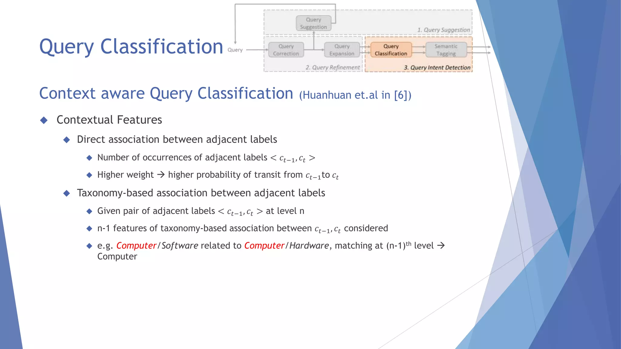 Query Classification 
Context aware Query Classification (Huanhuan et.al in [6]) 
 Contextual Features 
 Direct association between adjacent labels 
 Number of occurrences of adjacent labels < 푐푡−1, 푐푡 > 
 Higher weight  higher probability of transit from 푐푡−1to 푐푡 
 Taxonomy-based association between adjacent labels 
 Given pair of adjacent labels < 푐푡−1, 푐푡 > at level n 
 n-1 features of taxonomy-based association between 푐푡−1, 푐푡 considered 
 e.g. Computer/Software related to Computer/Hardware, matching at (n-1)th level  
Computer 
 