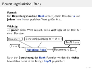 Bewertungsfunktion: Rank
Formal:
Die Bewertungsfunktion Rank ordnet jedem Benutzer u und
jedem Item i einen positiven Wert gr¨oßer 0 zu.
Wichtig:
Je gr¨oßer dieser Wert ausf¨allt, desto wichtiger ist ein Item f¨ur
einen Benutzer.
TopN Items
BenutzerBewertung R = U × IBenuzter U
Items I
Funktion: Rank Bewertung ∈ ]0,...]
Nach der Berechnung der Rank Funktion werden die h¨ochst
bewerteten Items in die Menge TopN gespeichert.
11 / 29
 