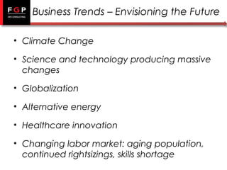 Business Trends – Envisioning the Future
• Climate Change
• Science and technology producing massive
changes
• Globalization
• Alternative energy
• Healthcare innovation
• Changing labor market: aging population,
continued rightsizings, skills shortage

 