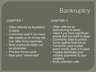 CHAPTER 7                            CHAPTER 11

   Often referred as liquidation       Often referred as
    of debts                             restructuring of debts
   Commonly used if you have           Used if you have significant
    little assets or no money left       assets that you want to keep
                                        Commonly used to protect
    over after living expenses           home against foreclosure
   Most unsecured debts can            Consumer pays trustee
    be eliminated                        every month, lasts 3-5 years
   Process moves quick                 Trustee distributes your
   Must pass “means test”               monthly payments to your
                                         creditors
                                        Ends collection calls
 