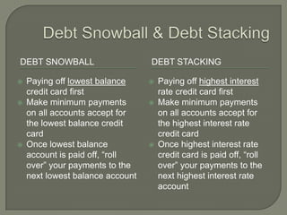 DEBT SNOWBALL                     DEBT STACKING

   Paying off lowest balance        Paying off highest interest
    cre...