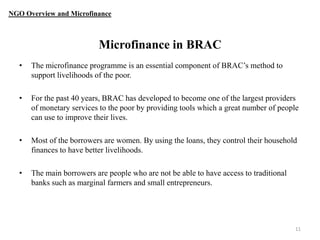 NGO Overview and Microfinance

Microfinance in BRAC
•

The microfinance programme is an essential component of BRAC‟s method to
support livelihoods of the poor.

•

For the past 40 years, BRAC has developed to become one of the largest providers
of monetary services to the poor by providing tools which a great number of people
can use to improve their lives.

•

Most of the borrowers are women. By using the loans, they control their household
finances to have better livelihoods.

•

The main borrowers are people who are not be able to have access to traditional
banks such as marginal farmers and small entrepreneurs.

11

 