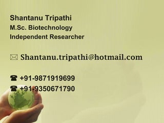 Shantanu Tripathi
M.Sc. Biotechnology
Independent Researcher

 Shantanu.tripathi@hotmail.com
 +91-9871919699
 +91-9350671790

 