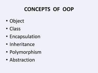CONCEPTS OF OOP
• Object
• Class
• Encapsulation
• Inheritance
• Polymorphism
• Abstraction
 