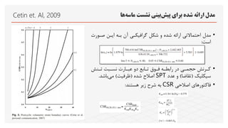 Cetin et. Al, 2009 ‫برای‬ ‫شده‬ ‫ارائه‬ ‫مدل‬
‫پیش‬
‫بینی‬
‫نشست‬
‫ماسه‬
‫ها‬
•
‫مدل‬
‫احتماالتی‬
‫شکل‬ ‫و‬ ‫شده‬ ‫ارائه‬
‫گرافیکلی‬
‫صلور‬ ‫ایلن‬ ‫بله‬ ‫نن‬
‫ت‬
‫است‬
:
•
‫لنش‬
‫ل‬‫ت‬ ‫لبت‬
‫ل‬‫نس‬ ‫لارت‬
‫ل‬‫عب‬ ‫دو‬ ‫لابع‬
‫ل‬‫ت‬ ‫لوو‬
‫ل‬‫ف‬ ‫له‬
‫ل‬‫رابط‬ ‫در‬ ‫لی‬
‫ل‬‫حجم‬ ‫لرنش‬
‫ل‬‫ک‬
‫سیکلیک‬
(
‫تقاضا‬
)
‫عدد‬ ‫و‬
SPT
‫شده‬ ‫اصالح‬
(
‫ظرفیت‬
)
‫می‬
‫باشد‬
.
•
‫اصالحی‬ ‫فاکتورهای‬
CSR
‫هستند‬ ‫زیر‬ ‫شرح‬ ‫به‬
:
 