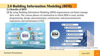 12
Seminar Presentation June-2022 12
2.0 Building Information Modeling (BIM)
2.4 Benefits of BIM
 By using Building Information Modeling (BIM) organizations can better manage
their work. The various phases of construction in which BIM is used, include
programming, design, preconstruction, construction, and postconstruction
(operations and maintenance) [10].
Source: https://www.bimspot.io/wp-ontent/uploads/2021/02/bim_advantages-1316x740-c-
center-960x0-c-default.png
 