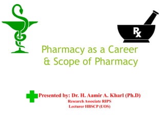 Pharmacy as a Career
& Scope of Pharmacy
Presented by: Dr. H. Aamir A. Kharl (Ph.D)
Research Associate RIPS
Lecturer HBSCP (UOS)
 