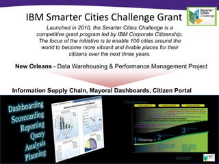 IBM Smarter Cities Challenge Grant
            Launched in 2010, the Smarter Cities Challenge is a
        competitive grant program led by IBM Corporate Citizenship.
         The focus of the initiative is to enable 100 cities around the
          world to become more vibrant and livable places for their
                     citizens over the next three years.

New Orleans - Data Warehousing & Performance Management Project


Information Supply Chain, Mayoral Dashboards, Citizen Portal
 