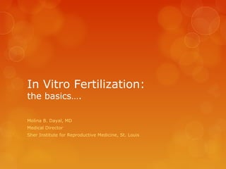 In Vitro Fertilization:
the basics….
Molina B. Dayal, MD
Medical Director
Sher Institute for Reproductive Medicine, St. Louis
 