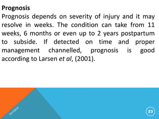 Prognosis 
Prognosis depends on severity of injury and it may 
resolve in weeks. The condition can take from 11 
weeks, 6 months or even up to 2 years postpartum 
to subside. If detected on time and proper 
management channelled, prognosis is good 
according to Larsen et al, (2001). 
23 
 