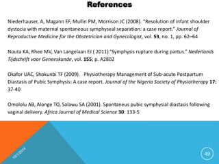 References 
Niederhauser, A, Magann EF, Mullin PM, Morrison JC (2008). “Resolution of infant shoulder 
dystocia with maternal spontaneous symphyseal separation: a case report.” Journal of 
Reproductive Medicine for the Obstetrician and Gynecologist, vol. 53, no. 1, pp. 62–64 
Nouta KA, Rhee MV, Van Langelaan EJ ( 2011).“Symphysis rupture during partus.” Nederlands 
Tijdschrift voor Geneeskunde, vol. 155; p. A2802 
Okafor UAC, Shokunbi TF (2009). Physiotherapy Management of Sub-acute Postpartum 
Diastasis of Pubic Symphysis: A case report. Journal of the Nigeria Society of Physiotherapy 17: 
37-40 
Omololu AB, Alonge TO, Salawu SA (2001). Spontaneus pubic symphysial diastasis following 
vaginal delivery. Africa Journal of Medical Science 30: 133-5 
49 
 