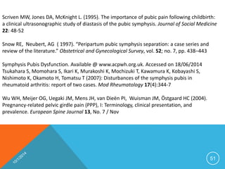 Scriven MW, Jones DA, McKnight L. (1995). The importance of pubic pain following childbirth: 
a clinical ultrasonographic study of diastasis of the pubic symphysis. Journal of Social Medicine 
22: 48-52 
Snow RE, Neubert, AG ( 1997). “Peripartum pubic symphysis separation: a case series and 
review of the literature.” Obstetrical and Gynecological Survey, vol. 52; no. 7, pp. 438–443 
Symphysis Pubis Dysfunction. Available @ www.acpwh.org.uk. Accessed on 18/06/2014 
Tsukahara S, Momohara S, Ikari K, Murakoshi K, Mochizuki T, Kawamura K, Kobayashi S, 
Nishimoto K, Okamoto H, Tomatsu T (2007): Disturbances of the symphysis pubis in 
rheumatoid arthritis: report of two cases. Mod Rheumatology 17(4):344-7 
Wu WH, Meijer OG, Uegaki JM, Mens JH, van Dieën PI, Wuisman JM, Östgaard HC (2004). 
Pregnancy-related pelvic girdle pain (PPP), I: Terminology, clinical presentation, and 
prevalence. European Spine Journal 13, No. 7 / Nov 
51 
