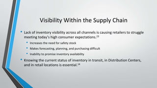 Visibility Within the Supply Chain
• Lack of inventory visibility across all channels is causing retailers to struggle
meeting today’s high consumer expectations.23
• Increases the need for safety stock
• Makes forecasting, planning, and purchasing difficult
• Inability to promise inventory availability
• Knowing the current status of inventory in transit, in Distribution Centers,
and in retail locations is essential.14
 