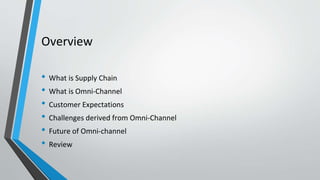 Overview
• What is Supply Chain
• What is Omni-Channel
• Customer Expectations
• Challenges derived from Omni-Channel
• Future of Omni-channel
• Review
 