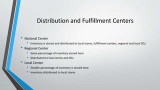 Distribution and Fulfillment Centers
• National Center
• Inventory is stored and distributed to local stores, fulfillment centers, regional and local DCs
• Regional Center
• Some percentage of inventory stored here
• Distributed to local stores and DCs
• Local Center
• Smaller percentage of inventory is stored here
• Inventory distributed to local stores
 