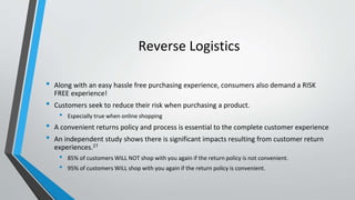 Reverse Logistics
• Along with an easy hassle free purchasing experience, consumers also demand a RISK
FREE experience!
• Customers seek to reduce their risk when purchasing a product.
• Especially true when online shopping
• A convenient returns policy and process is essential to the complete customer experience
• An independent study shows there is significant impacts resulting from customer return
experiences.27
• 85% of customers WILL NOT shop with you again if the return policy is not convenient.
• 95% of customers WILL shop with you again if the return policy is convenient.
 
